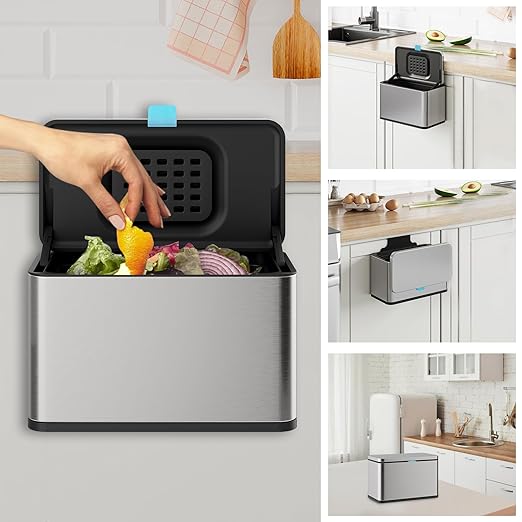 Stainless Steel Hanging Trash Can with Lid and Inner Bucket, 1 Gallon Kitchen Compost Bin for Counter Top, Under Sink or Wall Mount, Small Garbage Can for Cupboard/Bathroom/Bedroom/RV