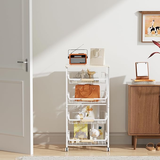 5-Layer Fruit Basket Kitchen Food Storage Organizer and Storage Rack, Stackable Storage cart with Desktop, Pull-Out Hollow Metal Storage Basket, Wheeled Sorting Rack Spice Rack