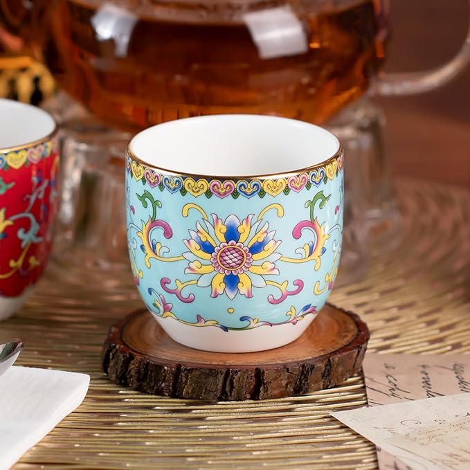 KAMMAK Tea Cups Set of 2, 6.35oz Mini Ceramic & Porcelain Tea Mugs -Handleless Vintage, Non-Toxic Handcrafted Cups for Juice, Coffee, Gift(Red + Lake Blue)