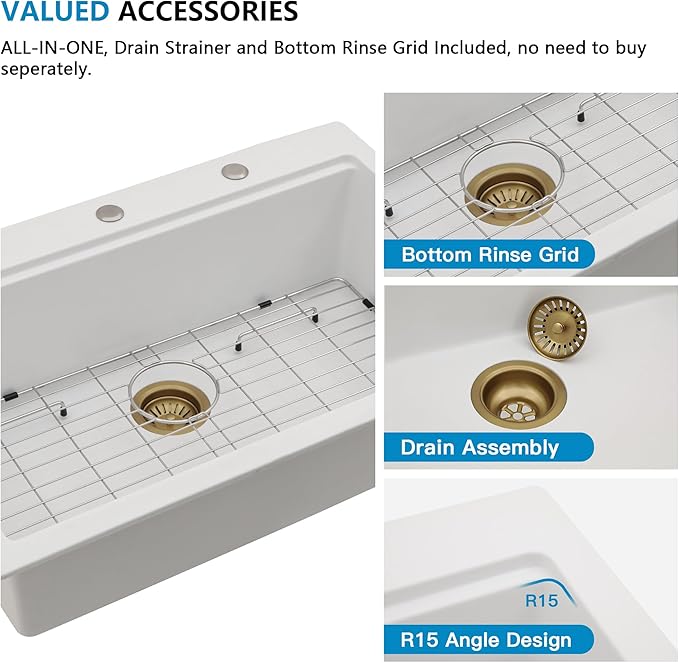 33"x22" Granite Composite Kitchen Sink Drop In – White Quartz Classic Ledge Workstation Topmount Single Bowl Sink Basin