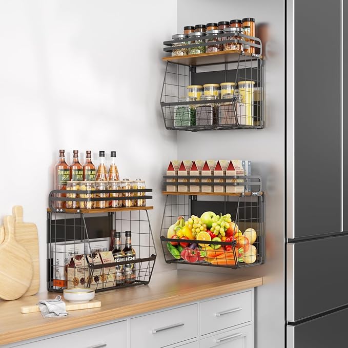 Magnetic Shelf for Fridge with Wood Lid, Large Capacity Wire Basket Magnetic Spice Rack for Refrigerator Kitchen Storage Bin for Fruit, Onion, Potatoes, Storage Organizer for Counter & Cabinet, Black