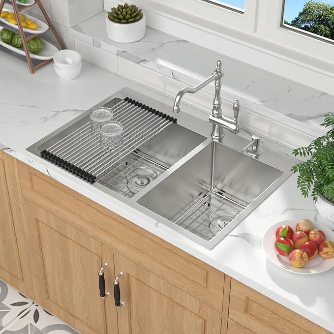 Mocoloo 33 Drop In Kitchen Sink Double Bowl 33 x 22 Drop Sink Double Bowl 60/40 T304 Stainless Steel 16 Gauge Topmount Handmade, 10 Inch Deep