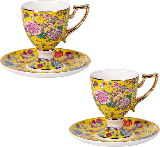 KAMMAK Tea Cups and Saucers Set of 2, Porcelain Coffee Cups with Saucer for Espresso, Cappuccino, 7oz Vintage Yellow Floral Ceramic Demitasse Mug for Home, Tea Party, Office