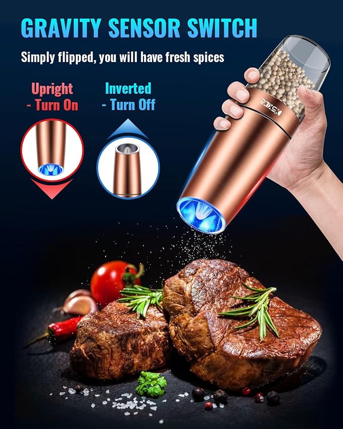 XinXu Gravity Electric Pepper and Salt Grinder Set, Adjustable Coarseness, Battery Powered with LED Light, One Hand Automatic Operation, Stainless Steel -Copper/2 Pack