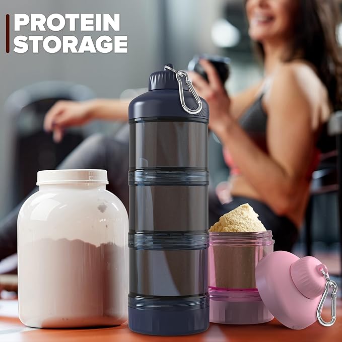 BYLWORKOUT 3-Layer Protein Powder Travel Container with Funnel and Keychain | Portable Food Storage Organizer for Gym, Fitness, Kitchen, Camping, Hiking, and Travel (Pink)