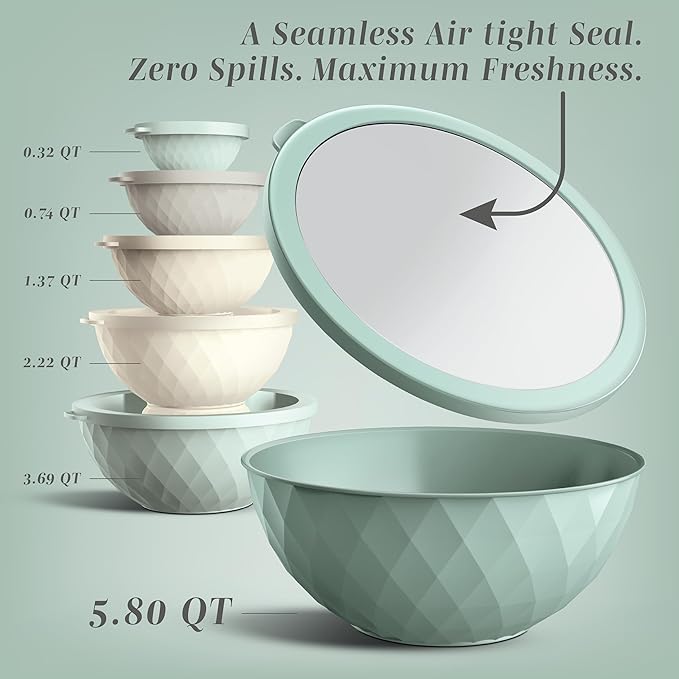 COOK WITH COLOR Mixing Bowls with Lids - 12 Piece Plastic Nesting Bowls Set includes 6 Prep Bowls and 6 Lids, Diamond Design - Microwave Safe, Mint