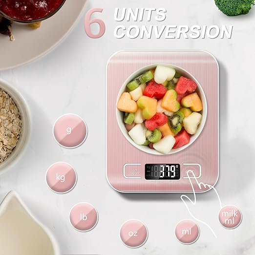 Food Scale, 11lb Kitchen Scale with 6 Units Tare Function & LCD Display, 0.05oz/1g Stainless Steel Digital Food Scale Grams and Ounces for Baking, Cooking, Dieting and Meal Prep (Pink)