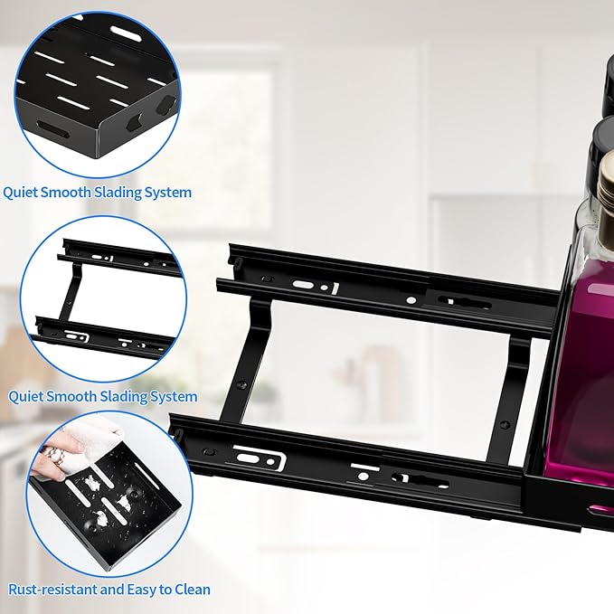 Pull Out Spice Rack Organizer for Cabinet, Heavy Duty-Slide Out Spice Rack, Vertical Spice Rack for Kitchen Cabinet and Pantry (6.3''Wx10.5''Dx2.8''H, Metal Black)