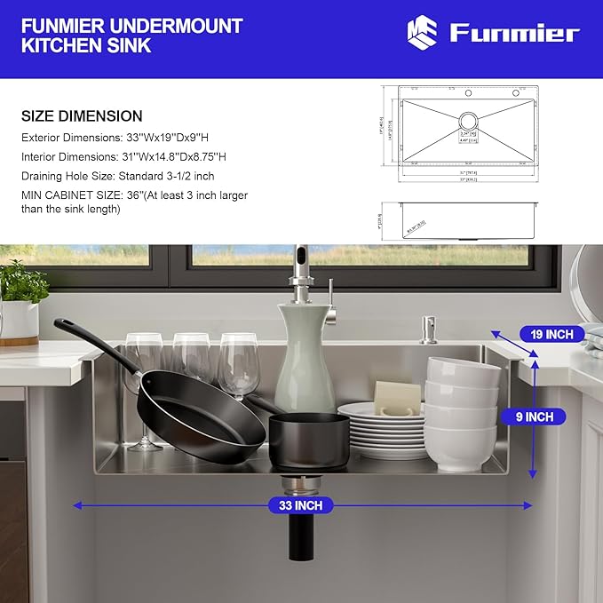 33 Inch Drop In Kitchen Sink - 33 x 19 Topmount Kitchen Sinks Stainless Steel 16 Gauge Single Bowl Handmade Top Mount Sinks with Offset Drainer