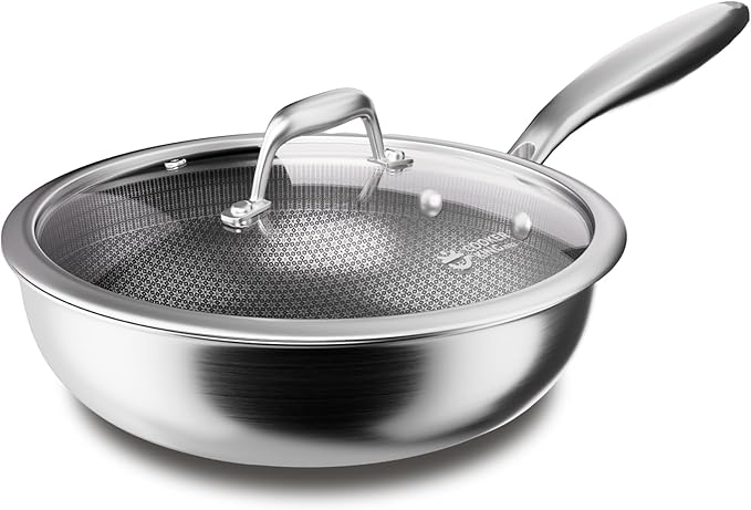 COOKER KING 11-Inch Wok with Lid, Hybird Nonstick Wok Professional Grade, Stainless Steel Woks & Stir-Fry Pans, Stay-Cool Handle, Dishwasher & Oven-Safe,Compatible with All Cooktops