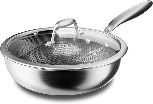 COOKER KING 11-Inch Wok with Lid, Hybird Nonstick Wok Professional Grade, Stainless Steel Woks & Stir-Fry Pans, Stay-Cool Handle, Dishwasher & Oven-Safe,Compatible with All Cooktops