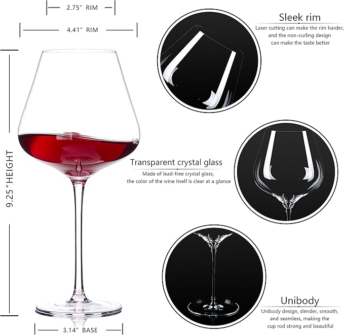 BACLIFE Hand Blown Red Wine Glasses Set of 4 – 23 oz Burgundy Wine Glasses With Long Stem – Large Premium Crystal Wine Glass – Unique Gift for Wedding, Anniversary, Mother’s Day – Clear