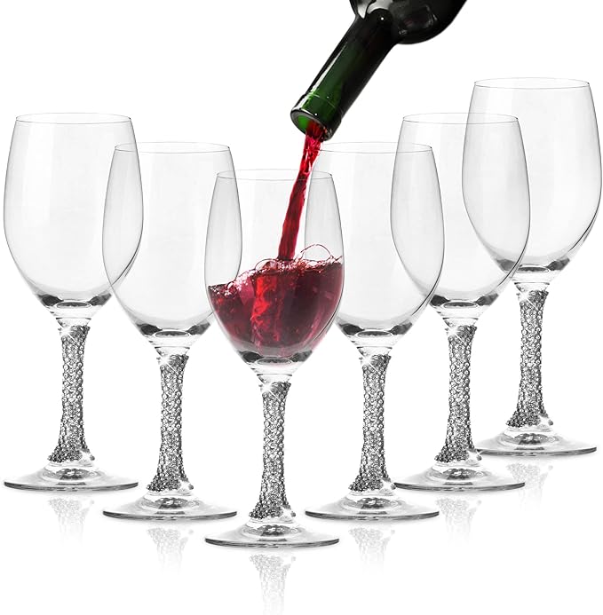 Premium Wine Glasses Set of 6 - Crystal Long Stem Wine Glass with Silver Rhinestone Stem Design - 12 oz