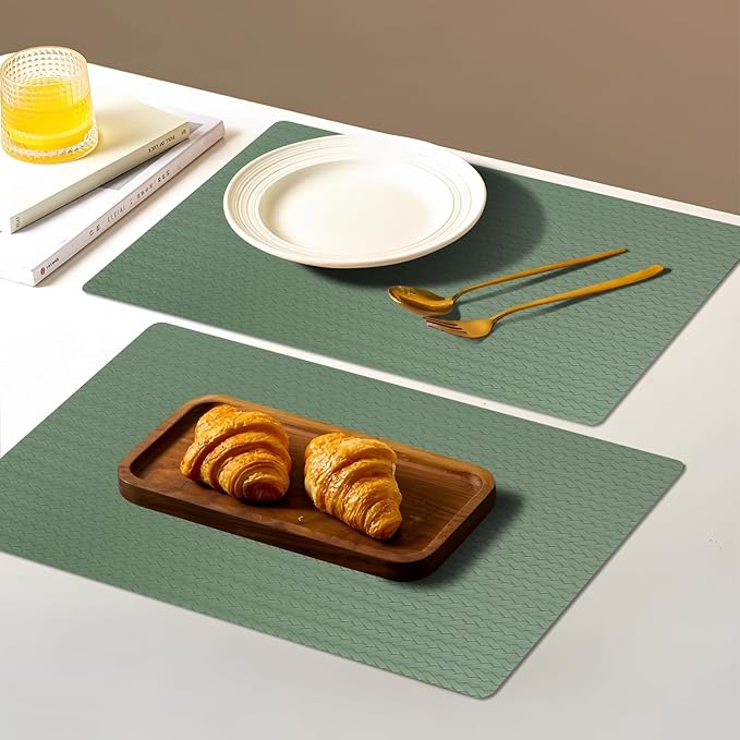 Vinyl Placemats Set of 6-12×17.7 Inch Waterproof & Heattable Placemats, Fall Faux Leather Wipeable Outdoor Table Mat for Dining, Kitchen, Indoor Outdoor Use (Sage Green, Cable Pattern)