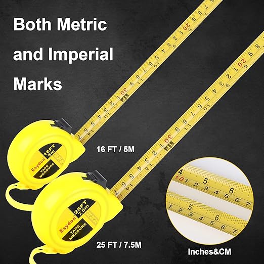 2 Packs Tape Measure 25 ft /16 ft, Esydon Measuring Tape Extendable, Self-Locking Tape Measurer, Easy Read Imperial/Metric Scale Measurement Tape for Designer, Decorator, & Handicraftsman