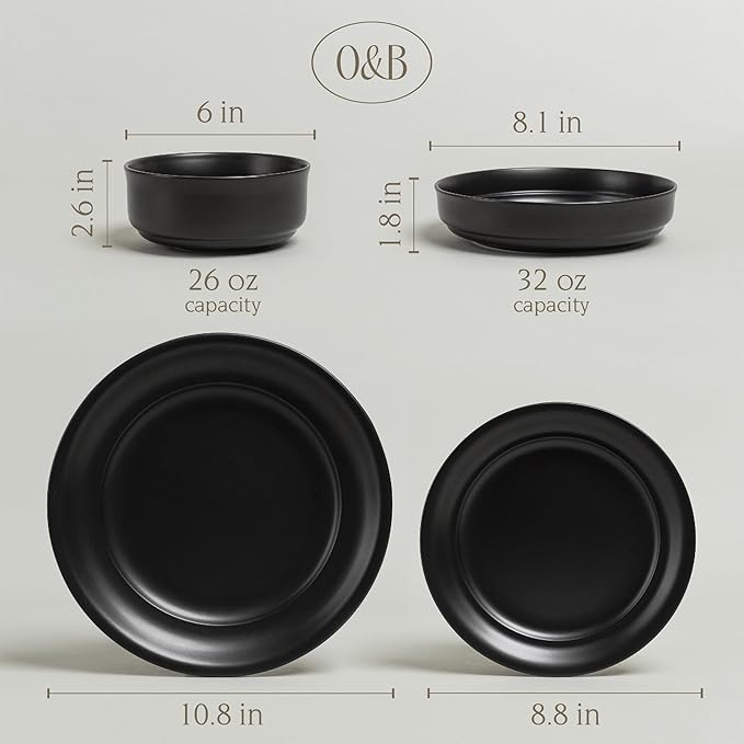 over&back Rim Dinnerware Set - Stoneware Dishes - Comes with 4 Dinner Plates, Salad Plates, Cereal Bowls, and Dinner Bowls - 16-Piece All-Occasion Place Settings - Serves Four - Semi-Matte Black