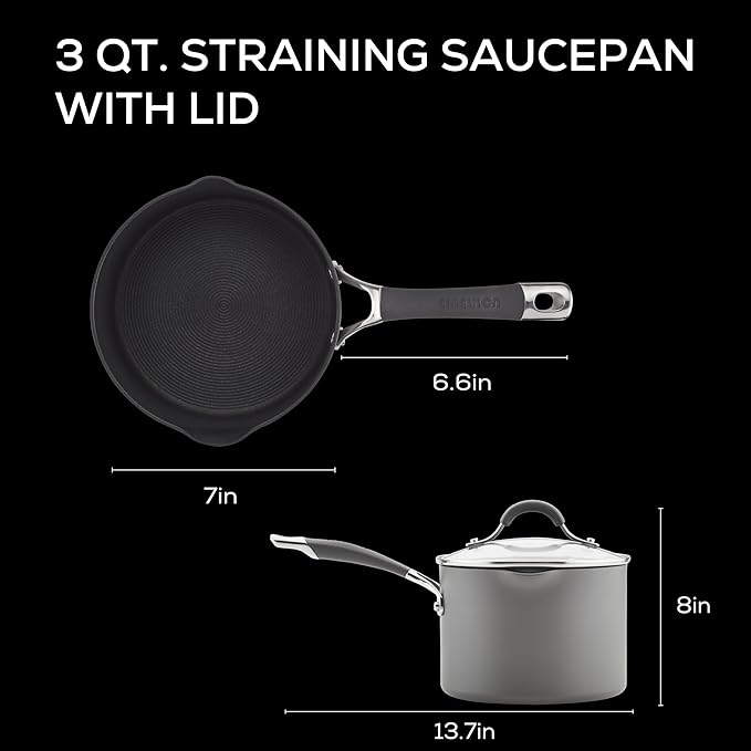Circulon Radiance Hard-Anodized Nonstick Straining Saucepan, 3-Quart, Gray