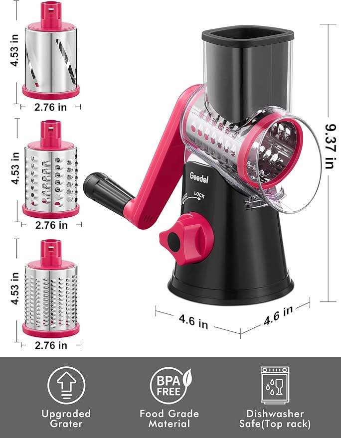 Geedel Rotary Cheese Grater, Kitchen Mandoline Vegetable Slicer with 3 Interchangeable Blades, Easy to Clean Rotary Grater Slicer for Fruit, Vegetables, Nuts