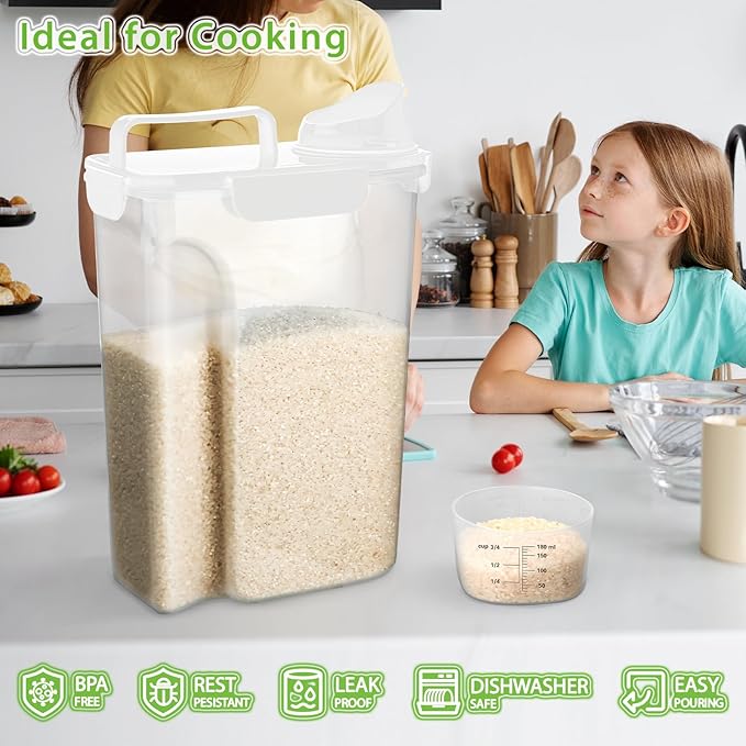 Rice Storage Container, 5 to 10lb Dry Food Airtight Dispenser, Pet Dog Cat Food Canister, BPA Free Clear Plastic Kitchen and Pantry Organization Bin for Oatmeal, Cereal, Pasta, Flour White