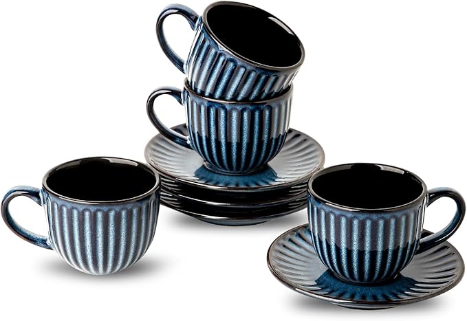 Hasense 4 Oz Espresso Cups with Saucers Set of 4, Ribbed Cappuccino Cups Ceramic for Coffee,Espresso,Double shot,Latte and Macchiato, Demitasse Cups Set Aesthetic Gift, Blue
