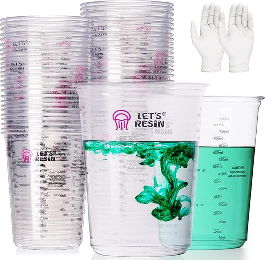 LET'S RESIN Resin Mixing Cups, 45pcs 32oz(1000ml) 2 Scales Accurate Paint Mixing Cup with Protective Gloves, Sturdy & Thick Disposable Measuring Cups for Paint, Pigments, Art, Auto Resin Mixer