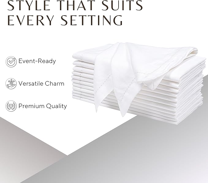 Decorative Cloth dinner Napkins With Hemstitched-Flax Cotton -White color,20x20,Wedding / Cocktails Napkins, Mitered Corners,Machine Washable, Set of12
