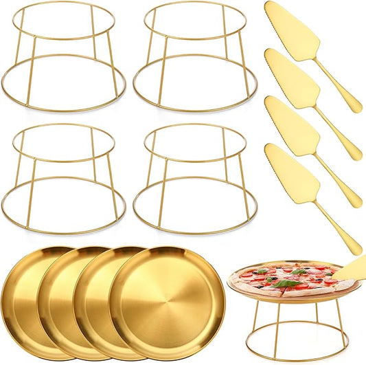 12 Pcs Pizza Stand Set: 4 Metal Stands, 4 Pizza Pans, 4 Spatulas for Weddings, Party(Gold,Round)