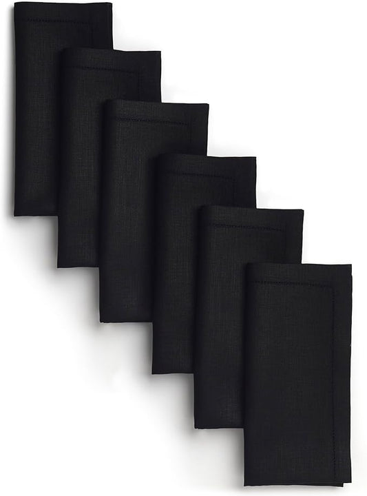 D'Moksha Homes Black Linen Napkins Set of 6 - Classic Hemstitch 100% Pure Linen Hemstitch Dinner Napkins 20 x 20 Inch for Fall, Thanksgiving, Holiday - Handcrafted and Machine Washable