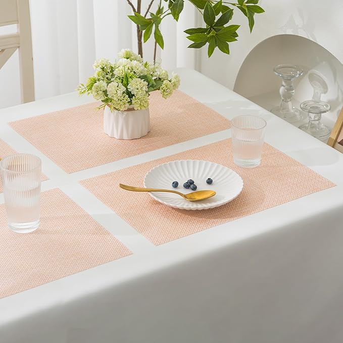 BACKTOEDEN Placemats Set of 6 Heat Resistant Washable Wipeable Placemat Woven Non-Slip Foldable Vinyl/Plastic Place Mats Indoor/Outdoor Mat Kitchen Dining Table Pad, Bright Silk Pink