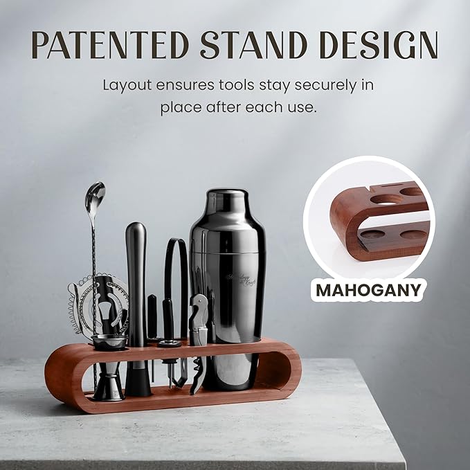 Mixology Bartender Kit: 10-Piece Bar Tool Set with Mahogany Stand | Perfect Home Bartending Kit and Martini Cocktail Shaker Set for a Perfect Drink Mixing Experience | Housewarming Gift (Gun-Metal)