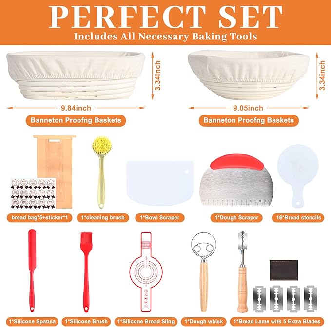Sourdough Starter Kit, 9" Round and 10" Oval Banneton Bread Proofing Basket, Sourdough Bread Baking Supplies for Home and Kitchen, Sourdough Kit, Sour Dough Starter Kits.