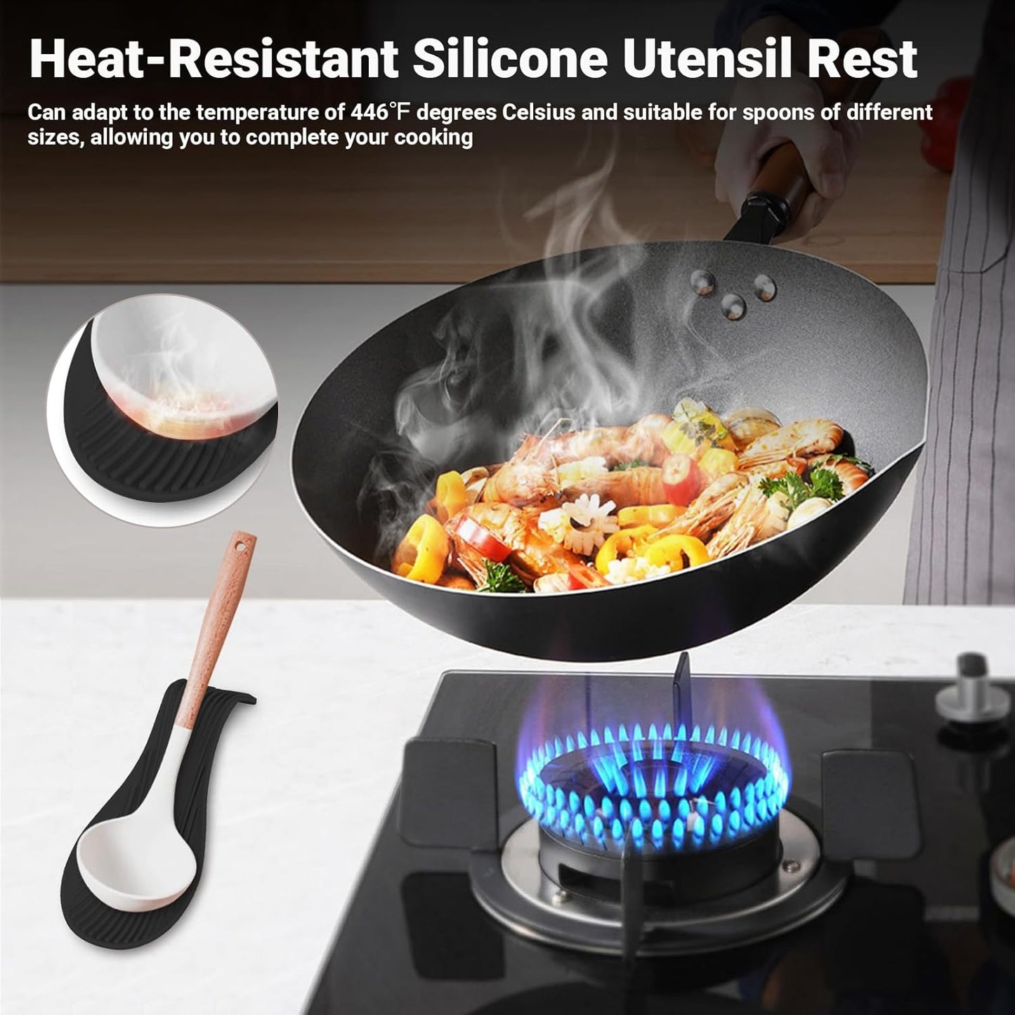 Heat Resistant Silicone Spoon Rest, Non-Slip Spoon Holder for Kitchen Counter, Silicone Spoon Rest for Stove Top for Spoons, Spatulas, Ladles, Tongs (Black)