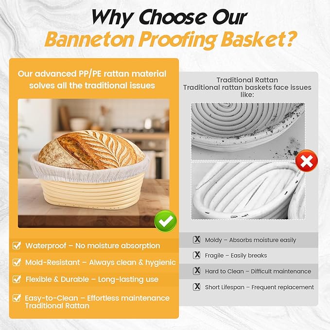 Banneton Bread Proofing Basket Set - Sourdough Starter Kit with 10" Round & 9" Oval Baskets, Linen Liners, Dough Whisk & Sourdough Bread Baking Supplies for Artisan Bread Making