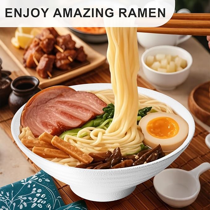 8-Inch Ceramic Ramen Bowl Set of 2 (9 Piece) - Porcelain Japanese Salad Noodles Cereal Fruit Pasta Soup Large Bowls with Recipes Chopsticks Forks Spoons for Men Women Gift Microwave & Dishwasher Safe