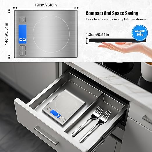 33lb Rechargeable Food Scale, Diyife 304 Stainless Steel Digital Kitchen Scale with 3 Buttons, Weight Grams and Ounces for Baking, Cooking, 5 Units with Tare Function, LCD Display, 2 AAA Batteries