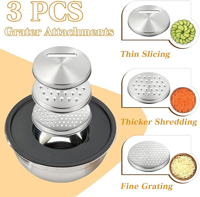 Unokit Mixing Bowls with Lids Set - 7 Pcs Stainless Steel Mixing Bowls with 3 Grater Attachments, Non-Slip Silicone Base Mixing Bowl Set for Kitchen