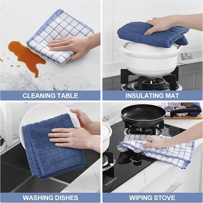 Homaxy Premium Cotton kitchen towels 16"x 28", Large Natural Ring Spun 390 GSM Dish Towels, Super Absorbent Terry Kitchen Hand Towels, Soft Tea Towel with Hanging Loop, Navy Blue Check Design, 12 Pack