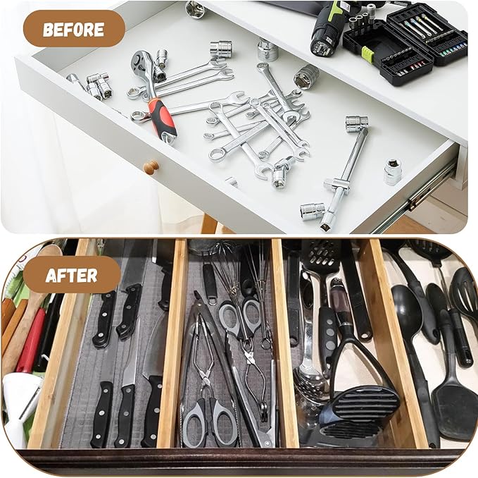 6 pcs Bamboo Kitchen Drawer Dividers Large, Adjustable Drawer Organizers, Spring Loaded, Works in Kitchen, Dresser, Bathroom, Bedroom, Drawer, Desk divider