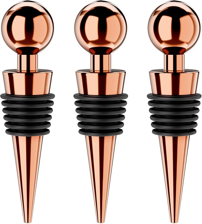 Wine Stoppers for Wine Bottles 3Pcs Vacuum Wine Bottle Stopper with Silicone Reusable Wine Corks, Leak proof Keep Fresh Suitable for Standard (Goldrose, 3 Pack)