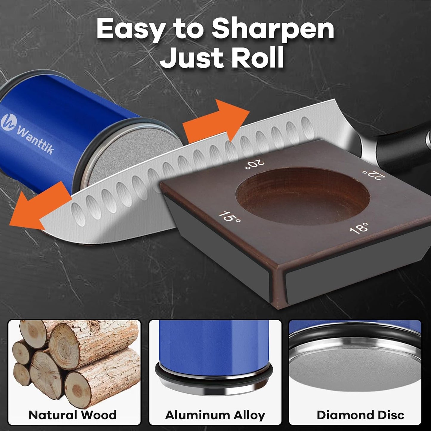Rolling Knife Sharpener Kit, Upgraded Roller Knife Sharpener with Leather Strop for Kitchen Knives, 4-Disc Rolling Stone Sharpener with 15&18&20&22 Degree Sharpening, Blue