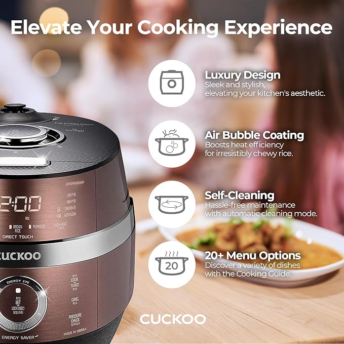 CUCKOO CRP-JHR1009F | 10-Cup (Uncooked) Induction Heating Pressure Rice Cooker | 19 Menu Options, Auto-Clean, Voice Guide, Made in Korea | Copper