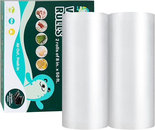 Happy Seal Vacuum Sealer Bags 8" x 50' 2 Pack for Food Saver, Rolls for Custom Fit Airtight Food Storage, Meal Prep or Sous Vide, Commercial Grade Vacuum Seal Freezer Bags
