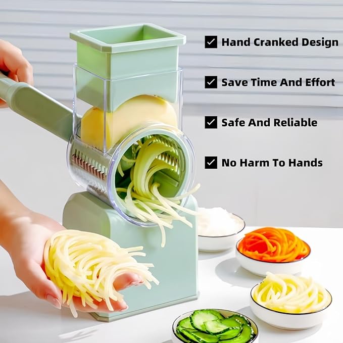 Rotary Cheese Grater with Handle,Replaceable Stainless Blades Cheese Shredder,Multi-Functional Cheese Vegetable Slicer with Storage Box,Easy to Clean Kitchen Gadgets with Storage Box (Green, 5 Blades)