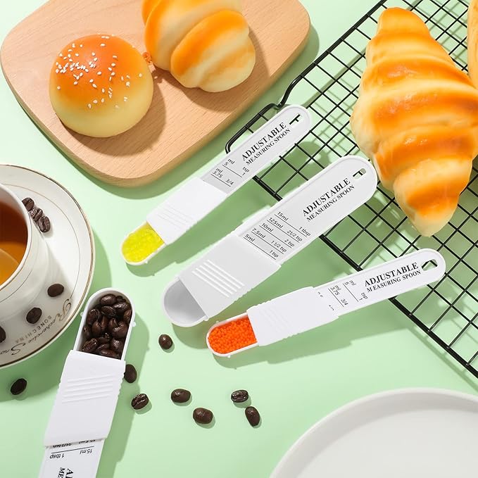 6 Pcs Adjustable Measuring Spoon Plastic Tablespoon and Teaspoon Set Baking Cooking Spoon Set for Chef Measuring Metering Kitchen Dry Liquid Ingredients Powder, 2 Sizes(White)