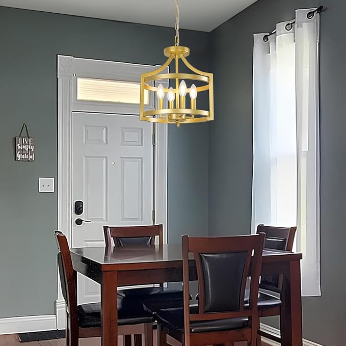 4-Light Chandelier, Gold Semi Flush Mount Ceiling Light Fixture Convertible Hanging Kitchen Pendant Lighting Over Island, Farmhouse Small Lantern Chandeliers for Dining Room Foyer Entryway