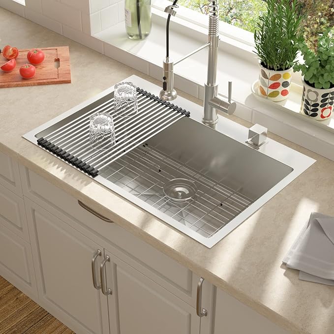 Lordear 28 Drop In Kitchen Sink 28 x 22 Kitchen Sink Single Bowl Drop In Stainless Steel 16-Gauge R10 Tight Radius Topmount Kitchen Sink
