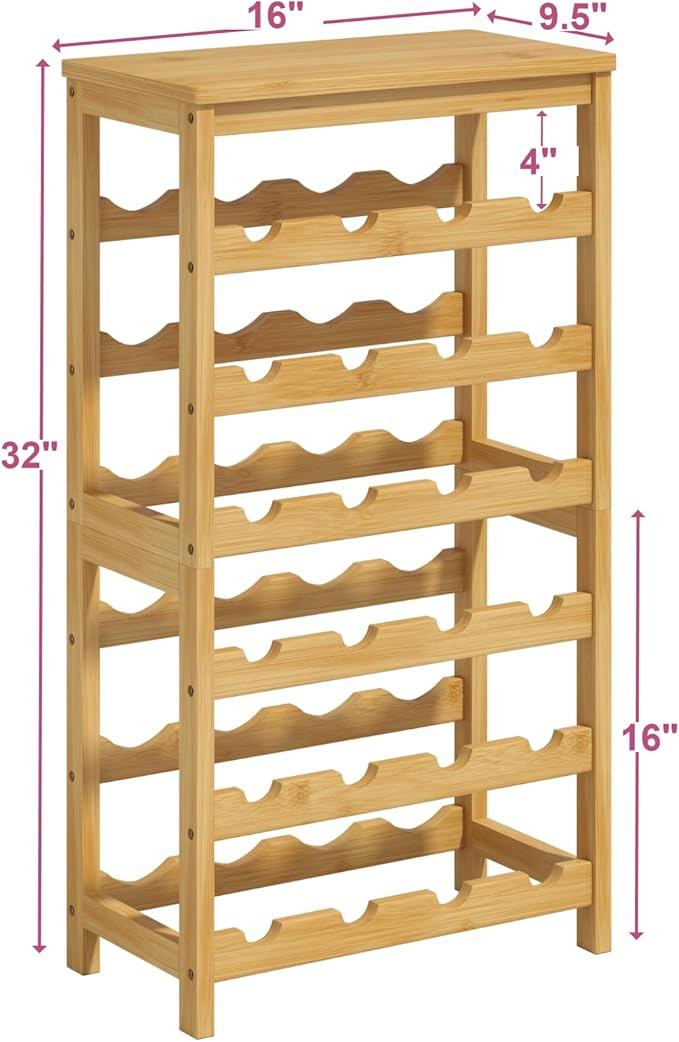 6 Tier Wine Rack Freestanding Floor, 24 Bottles Wine Storage Shelves with Table Top, Stackable Wine Display Rack for Kitchen, Bar, Dining Room, Natural Bamboo Finish
