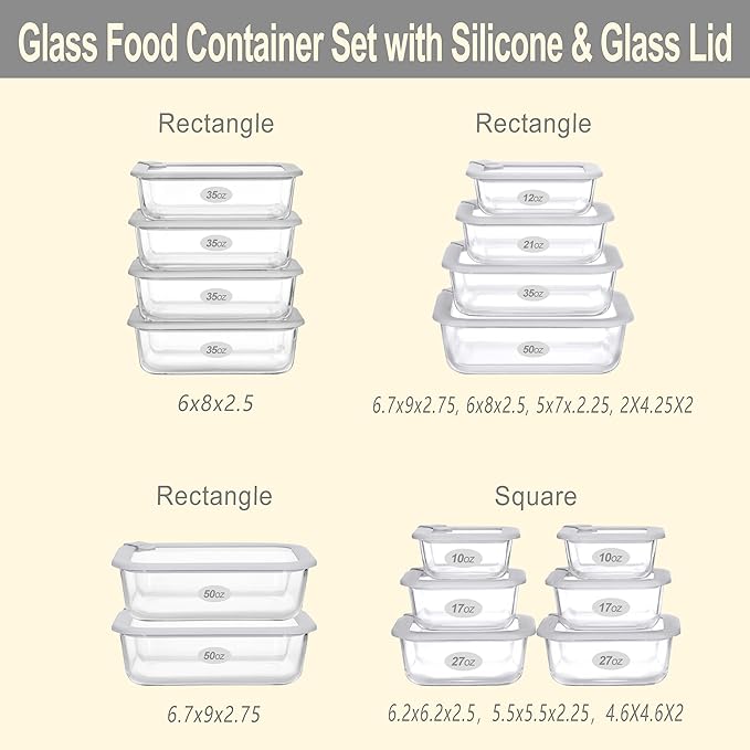 Glass Food Containers with Glass Lid, Microwave Safe Food Storage Container Set, 4 Pack, Airtight Storage Set with Leak Proof Lids, Meal Prep Containers