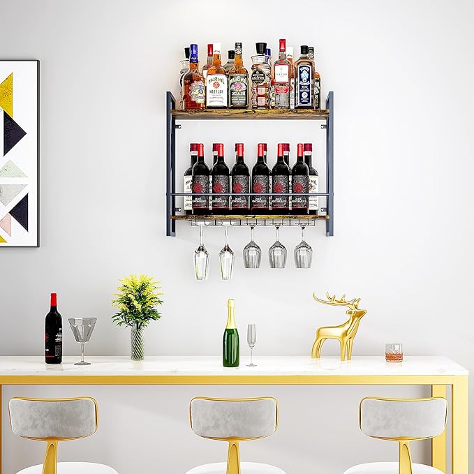 Dokser Wine Rack Wall Mounted 2 Tier Shelf, Wall Wine Rack with Rustic Wood & Industrial Iron Frame, Wine Bottle Holder for Kitchen, Dining Room, Home Bar Decor (Brown)