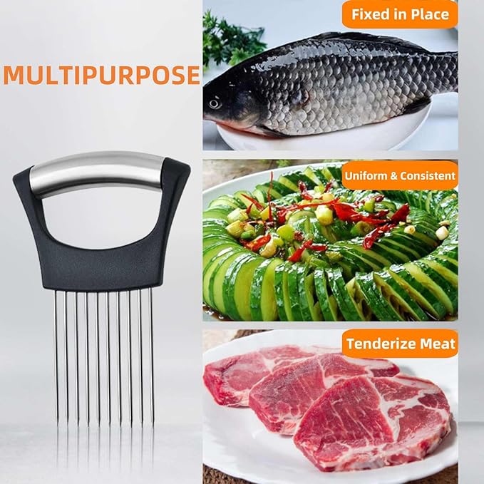 Onion Holder for Slicing, Upgrade Stainless Steel Onion Slice Holder Lemon Slicer Vegetable Cutter, Assistant Tool for Slicing Fruit, Potato, Tomato and Meat (1 Pack)